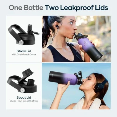 Buzio Duet Series Water Bottle with 2 Lids and Sleeve 1.2L - Purple Black